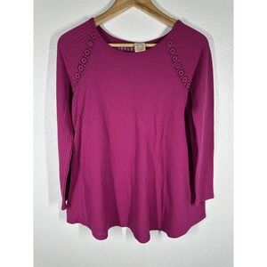 Faded Glory Blouse Womens Medium Pink Crochet Back 3/4 Sleeve Knit Tunic Top